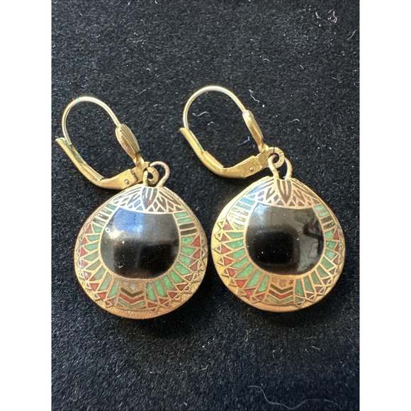 Vtg 1970's Shashi Black Scarab Earrings Enamel Cloisonne - Picture 1 of 12